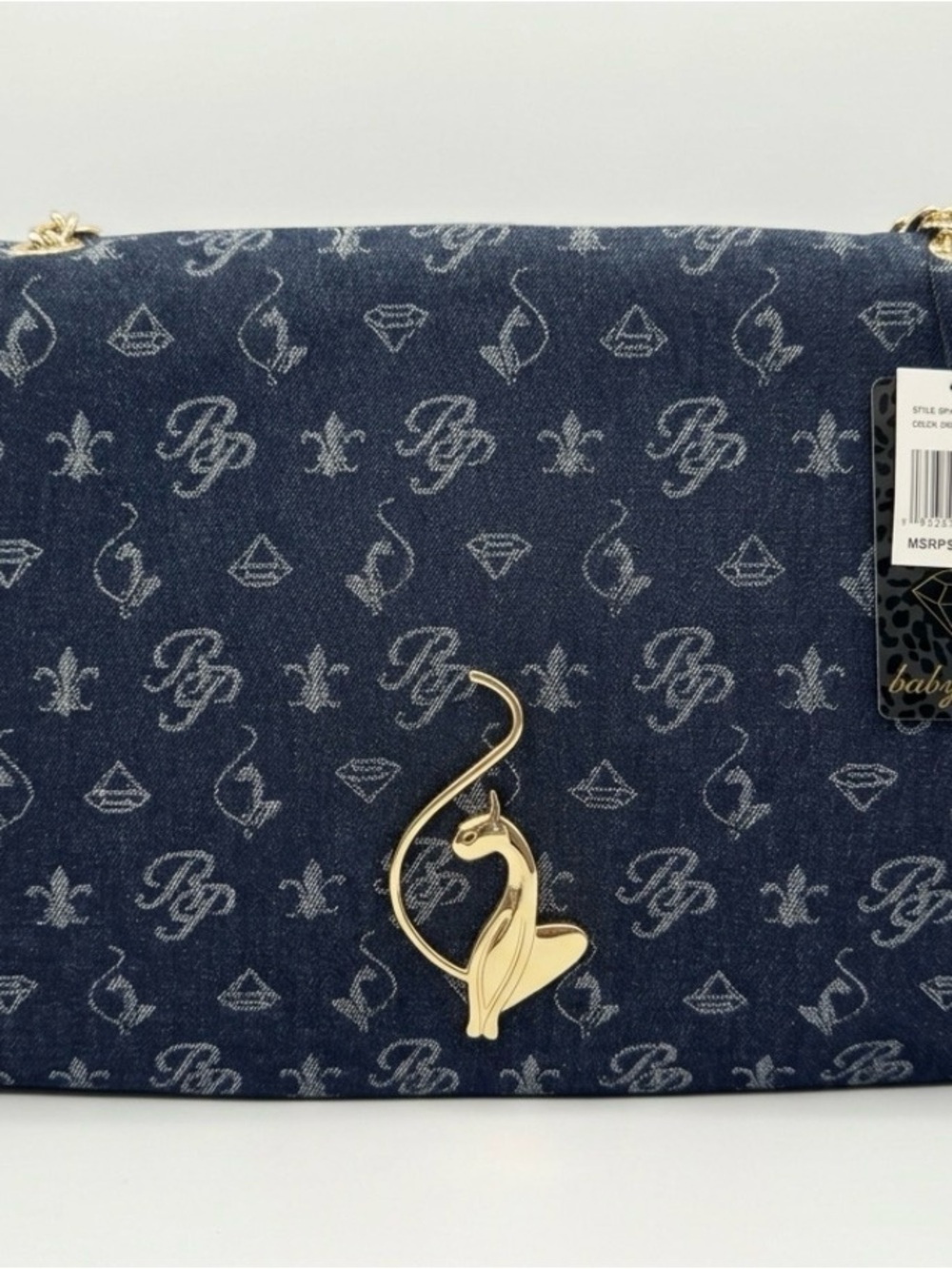Baby Phat Navy Denim Crossbody Bag with Gold Cat Emblem